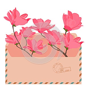 Envelope with letter, spring postcard design vector stock illustration.